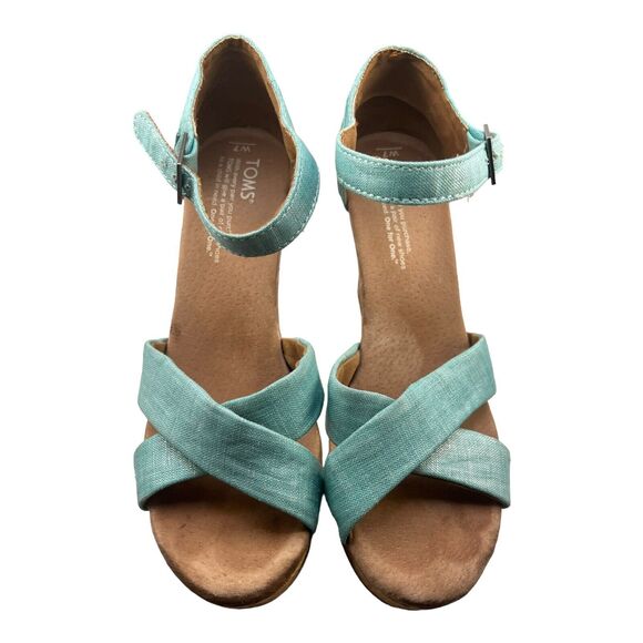 Toms Platform‎ Wedge Turquoise Iridescent Cork Wedge Sandals shoes sz 8.5W - Picture 1 of 9
